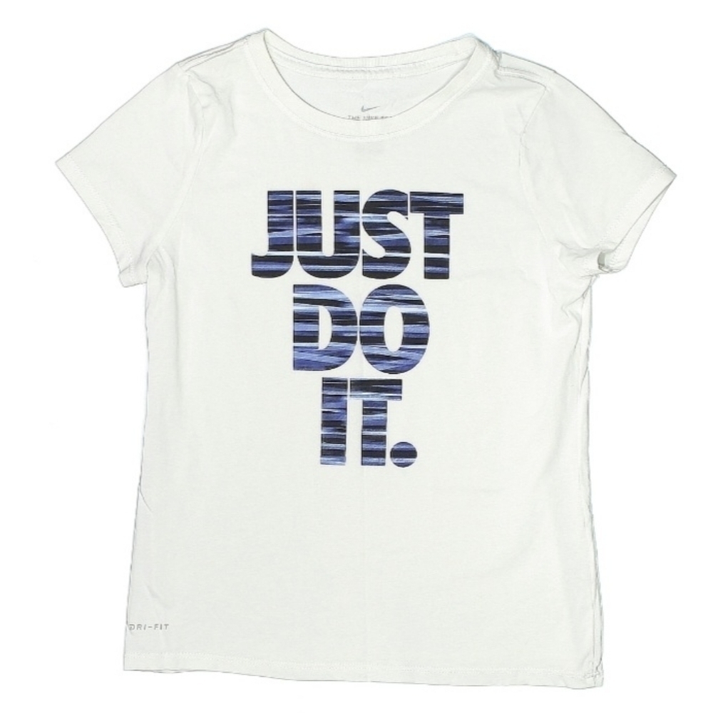 Nike Tee Just Do It Girl's Large White Blue Dri-Fit Athletic Athleisure Active